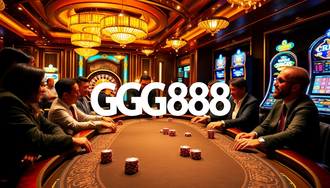Engage with GG88 at a vibrant poker table surrounded by eager players and luxurious casino elements.