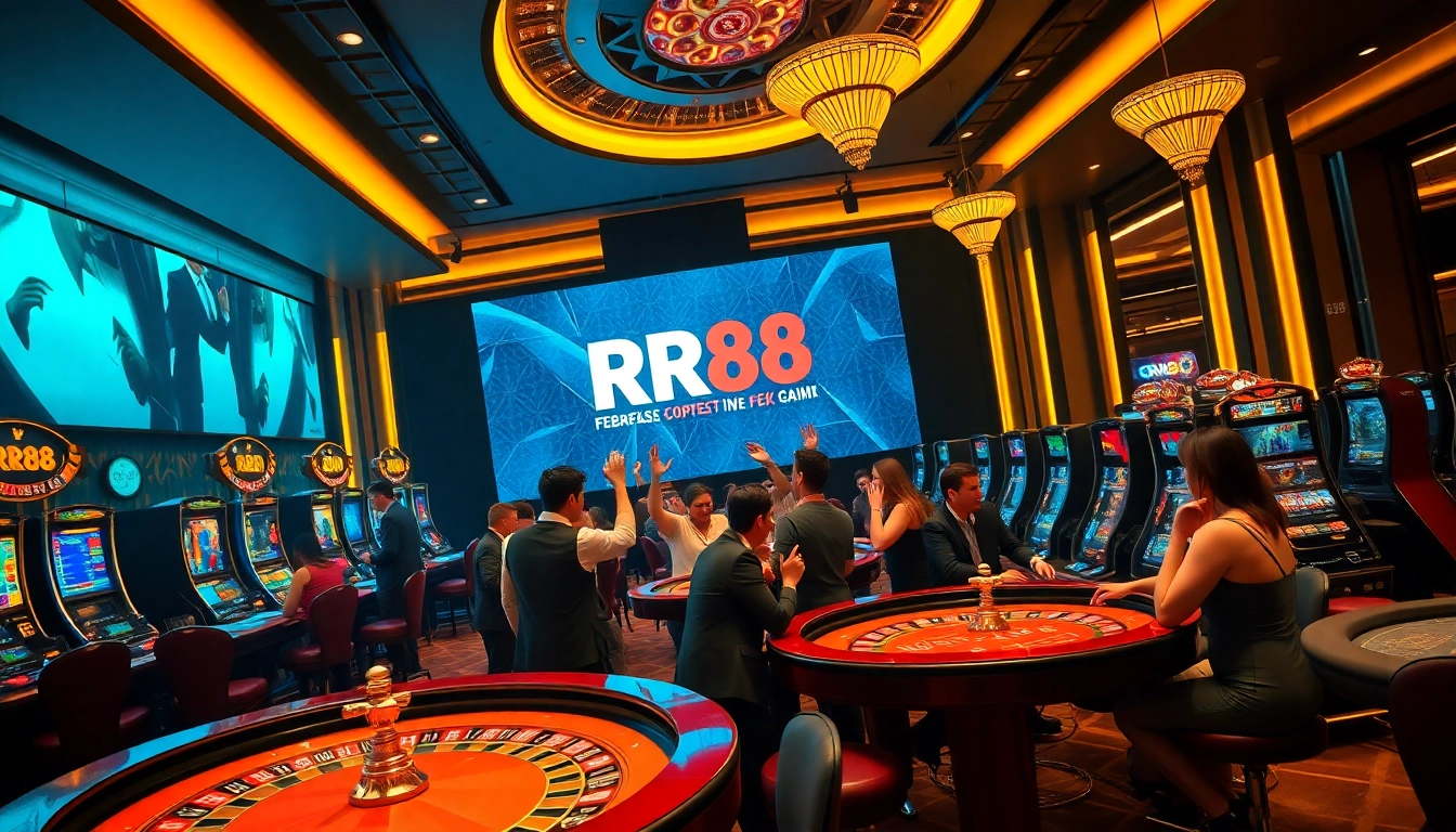 Experience the excitement of RR88 at a luxurious casino table with vibrant games and engaging players.
