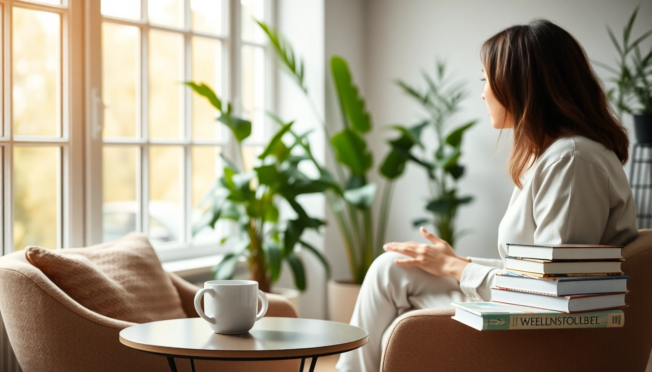 Enhancing emotional wellbeing in a serene therapy setting with natural light and inviting decor.
