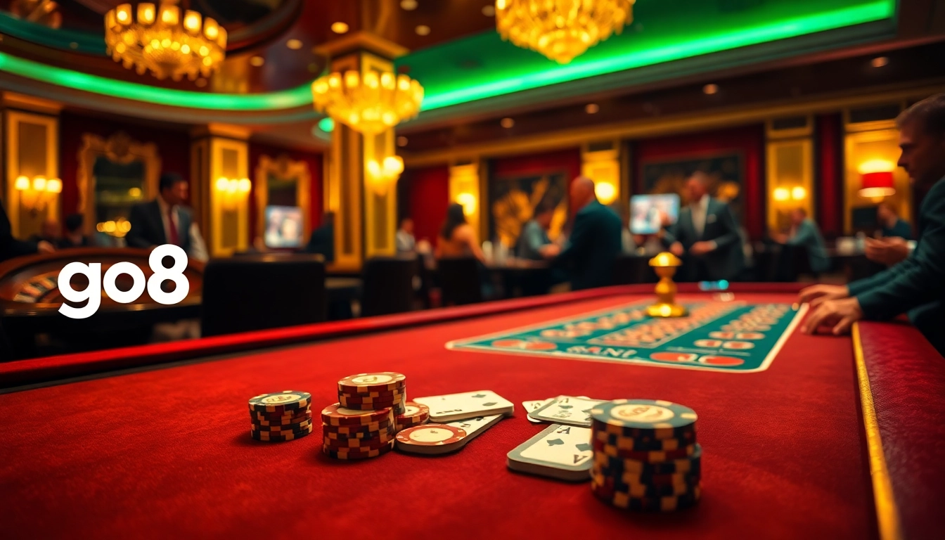 Experience thrilling gameplay at go8's luxurious casino tables with poker chips and cards.