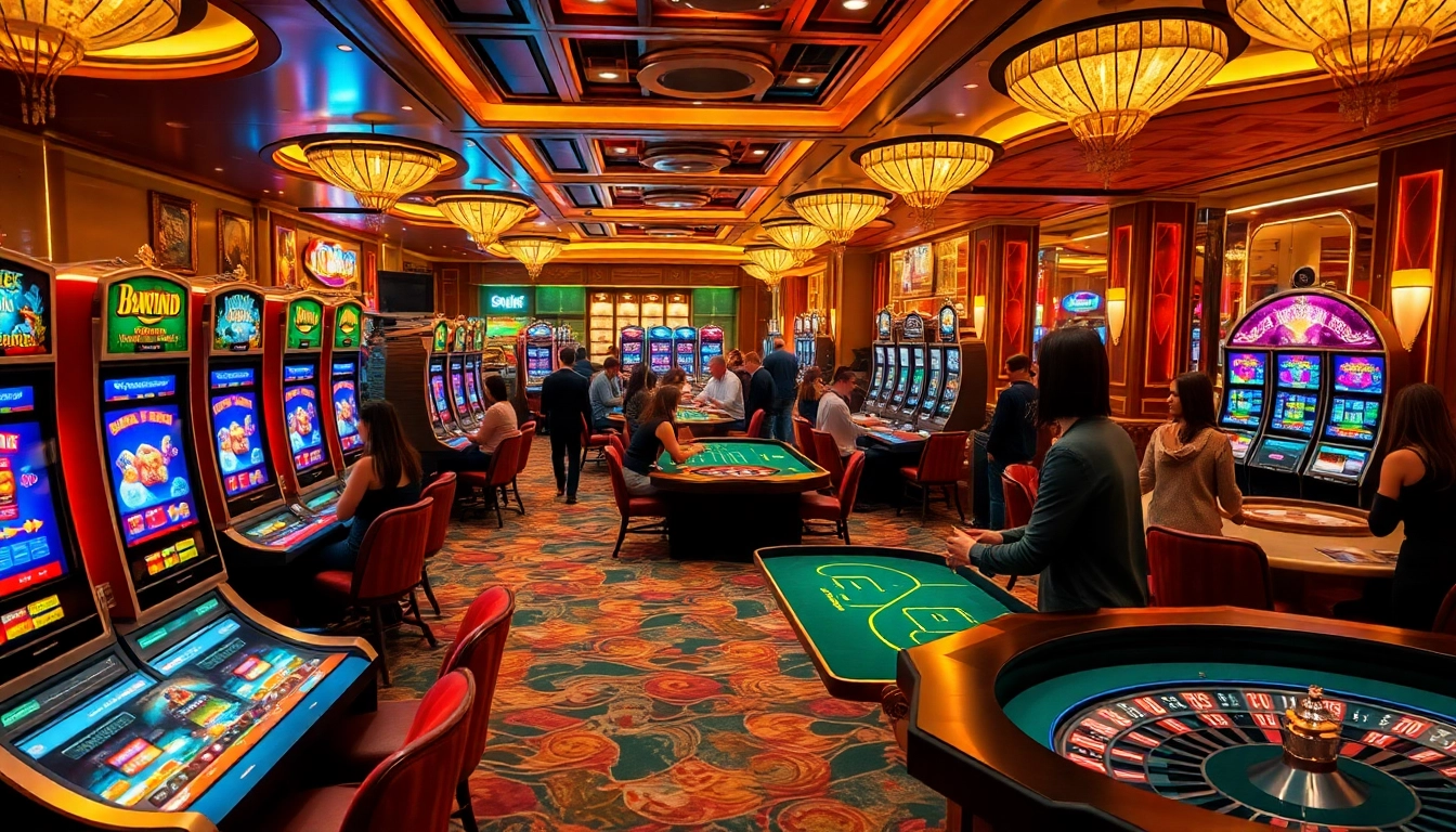 Experience the excitement of 33win at our vibrant casino featuring enthusiastic gamblers at slot machines and poker tables.