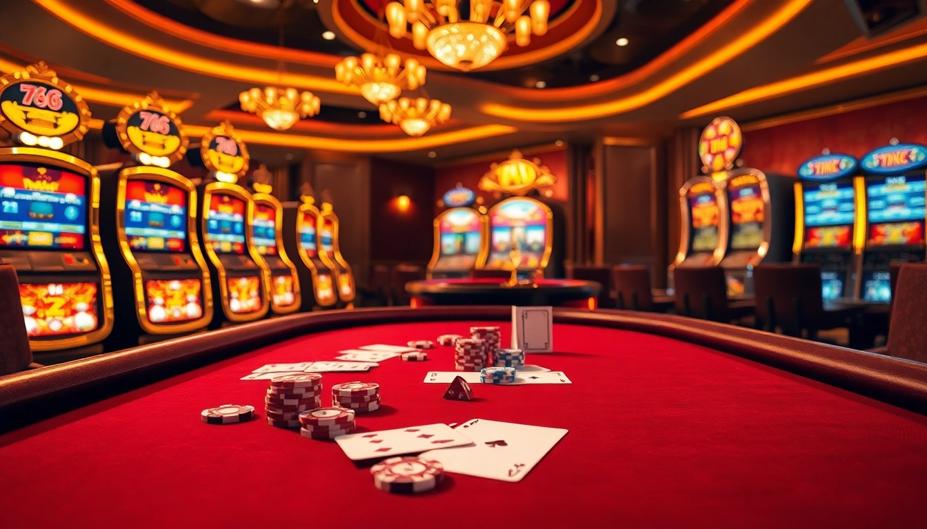 TT88 poker table showcasing high-stakes gameplay with cards and chips in a luxurious casino setting.