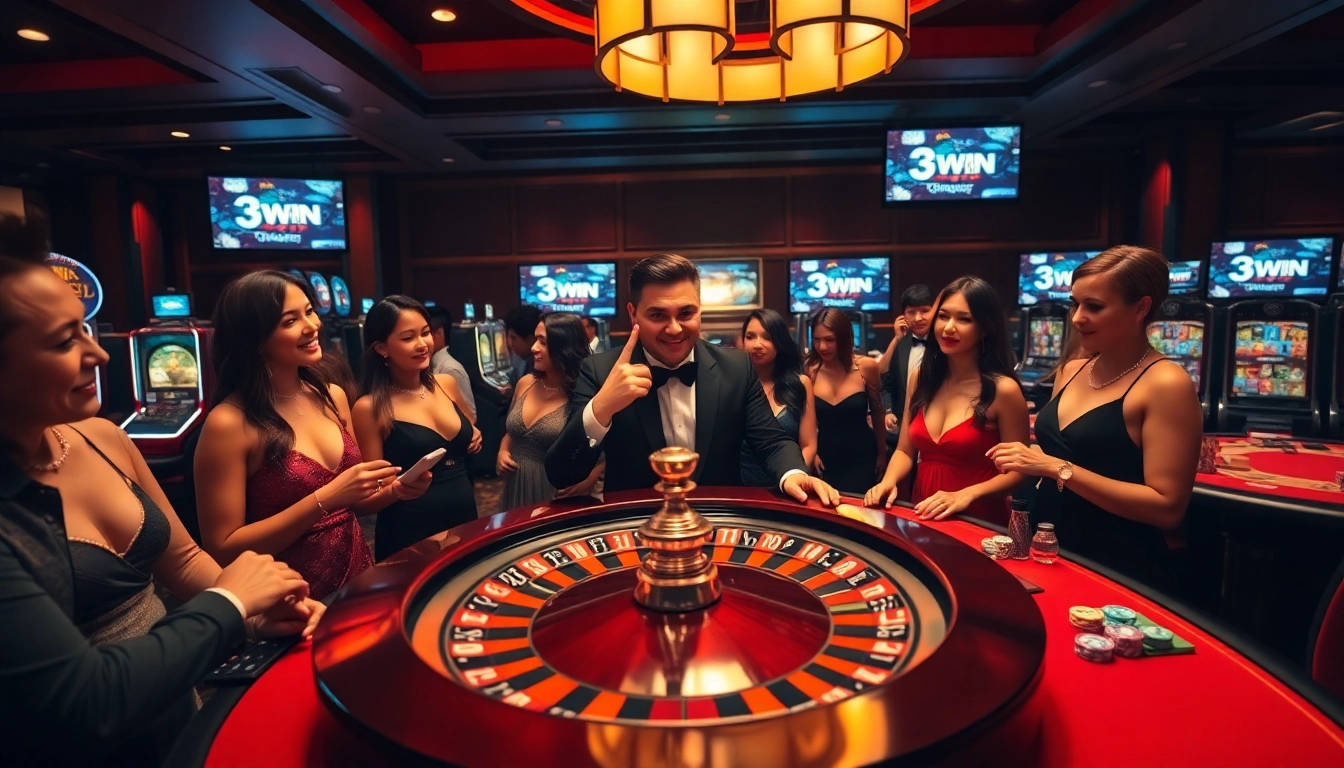 Experience thrilling gameplay in 3WIN's luxurious casino atmosphere with vibrant roulette and poker excitement.