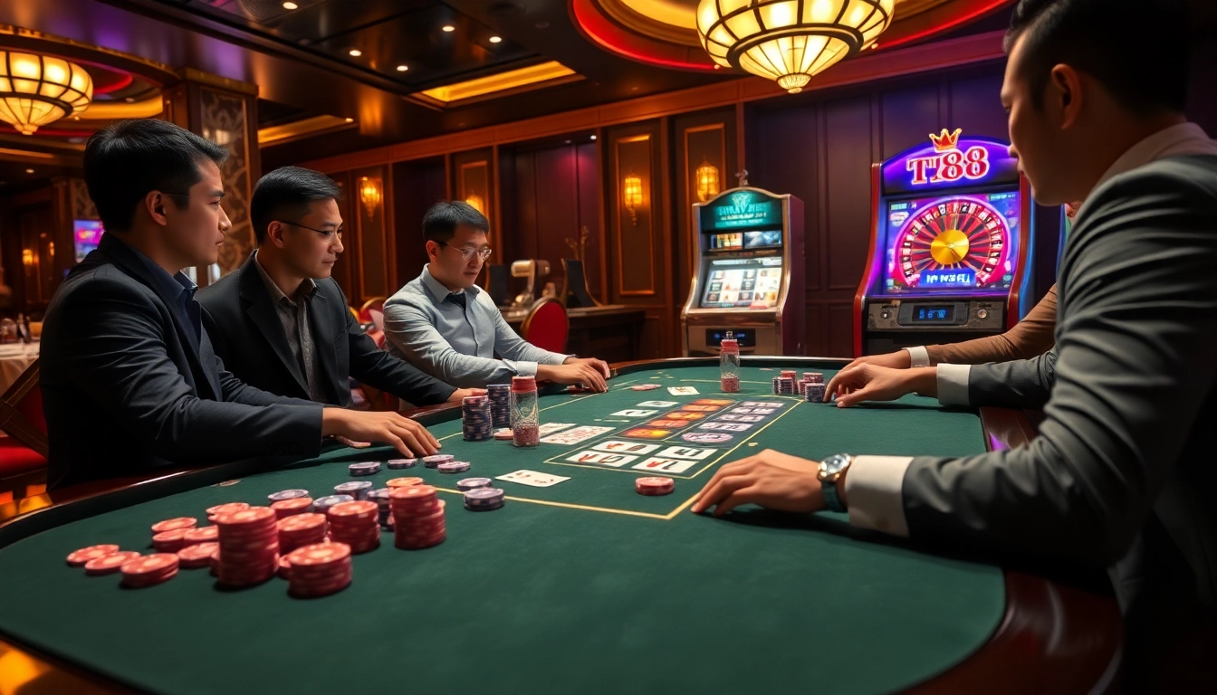 Players experience the thrill of poker and roulette at TT88 casino, showcasing vibrant gaming action.
