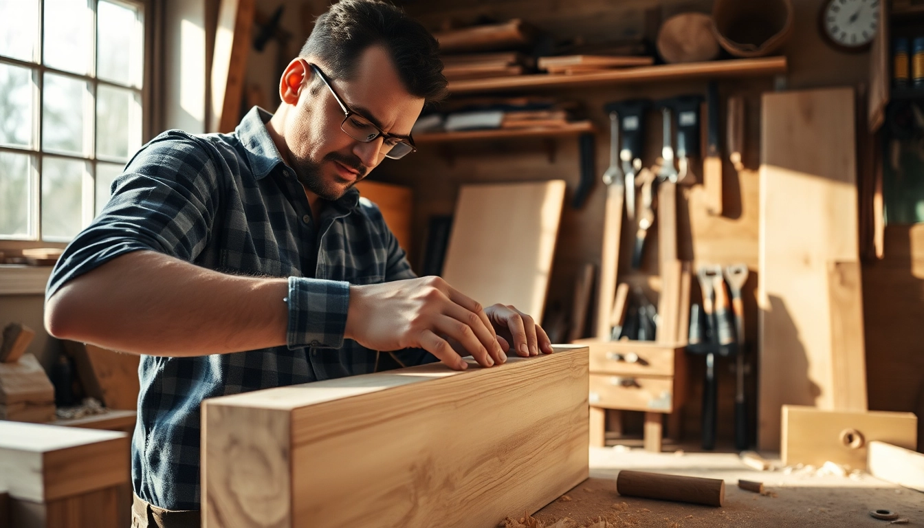 Carpenter skillfully crafting a wooden bookshelf in a sunlit workshop with tools.