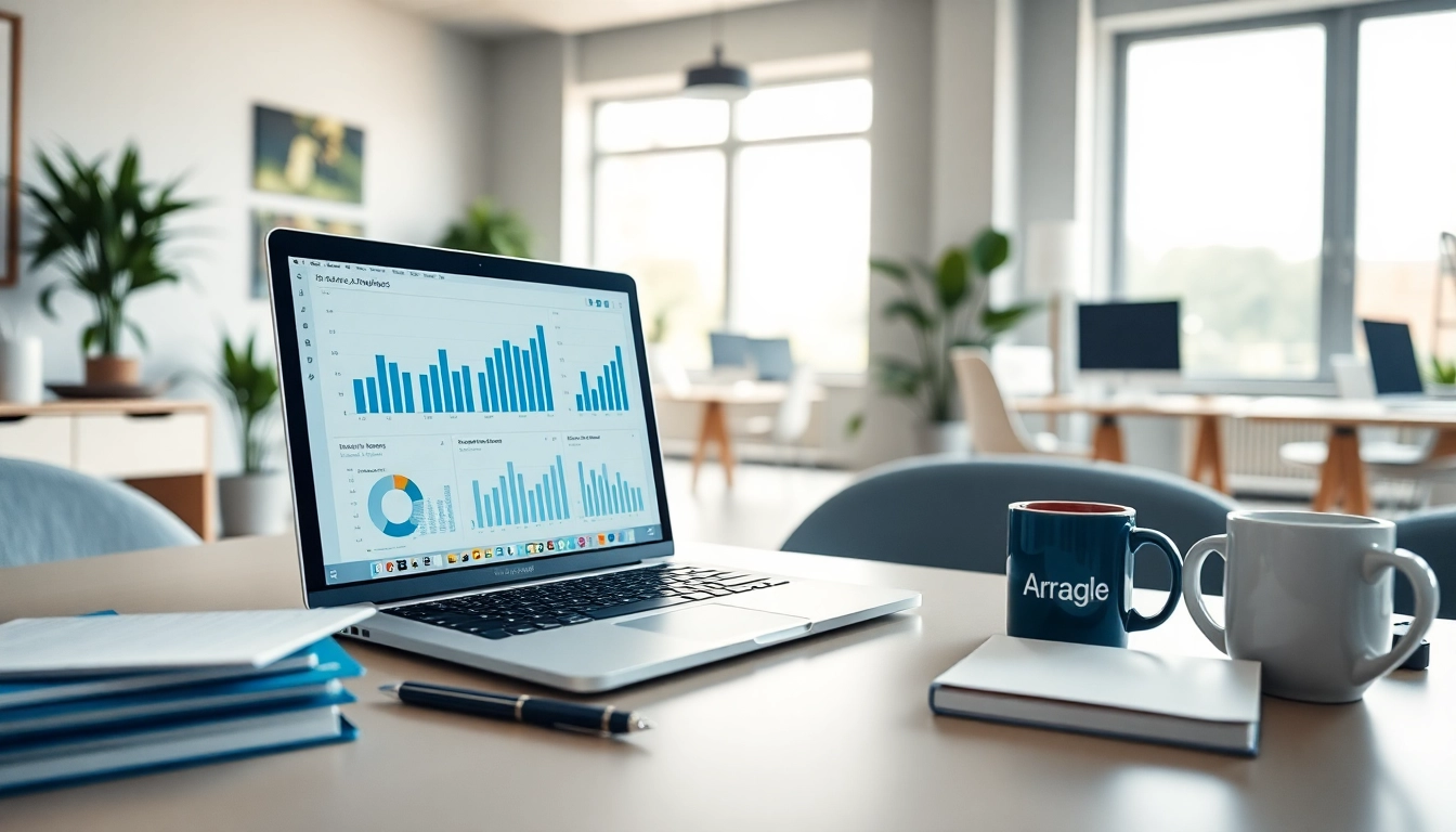 Keyword analyse in a modern office setup with analytical charts and a laptop.