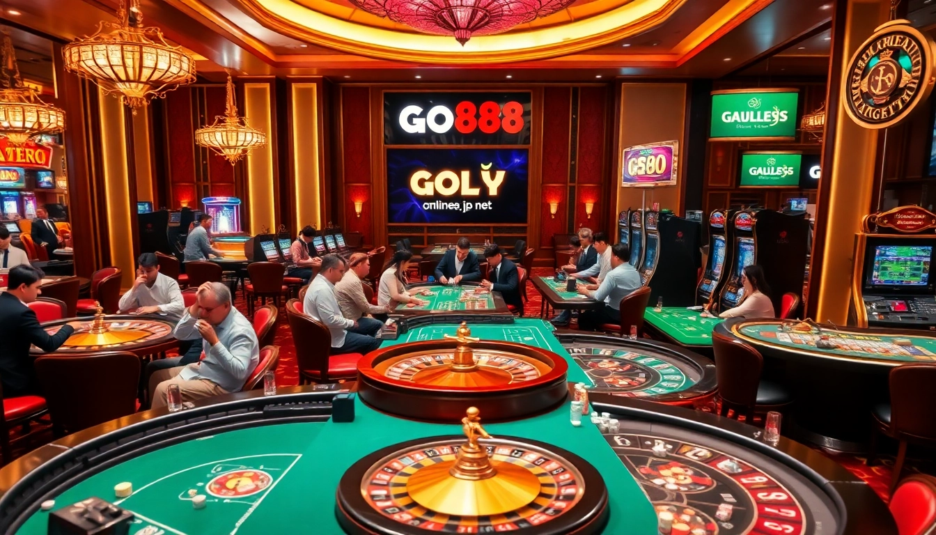 Exciting casino scene featuring roulette, poker, and slot machines on go888.jp.net platform