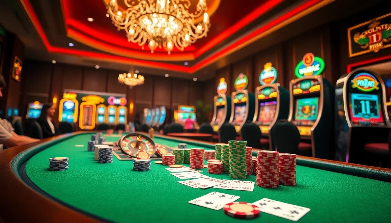 Engage with thrilling casino gameplay featuring CM88 branding on vibrant tables and lights.