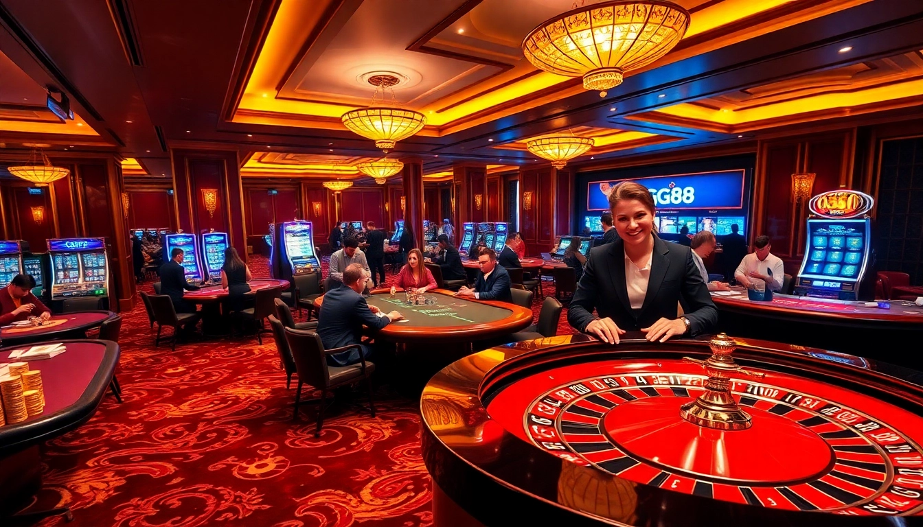 Exciting GG88 casino scene showcasing roulette and poker tables with vibrant players.