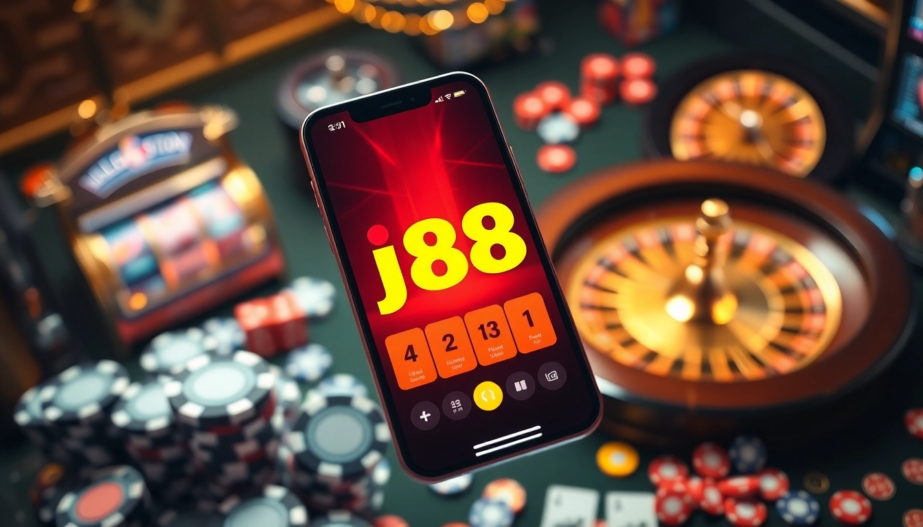 Engage with the j88 app interface amidst a vibrant casino setting full of excitement, featuring poker chips and a roulette wheel.