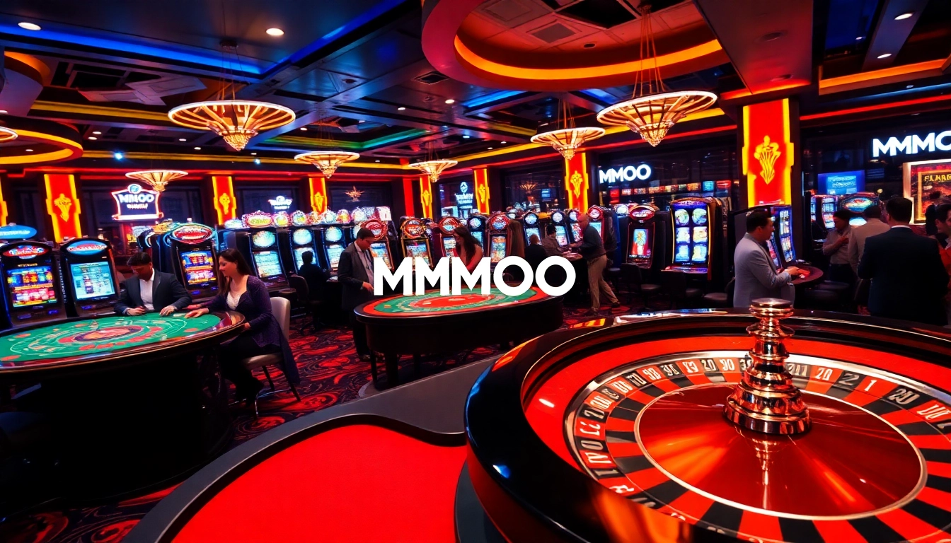 Excited players at a casino table experiencing winning moments with MMOO branding.