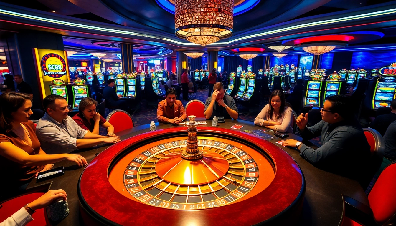 Experience excitement at SC88's stylish poker table surrounded by enthusiastic players.