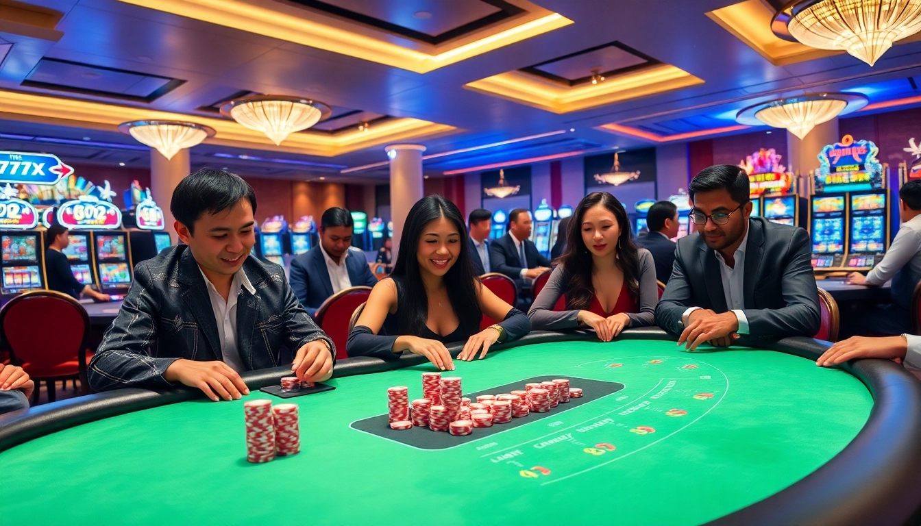 Players enjoying poker and blackjack at 777X's luxurious casino atmosphere, showcasing excitement.