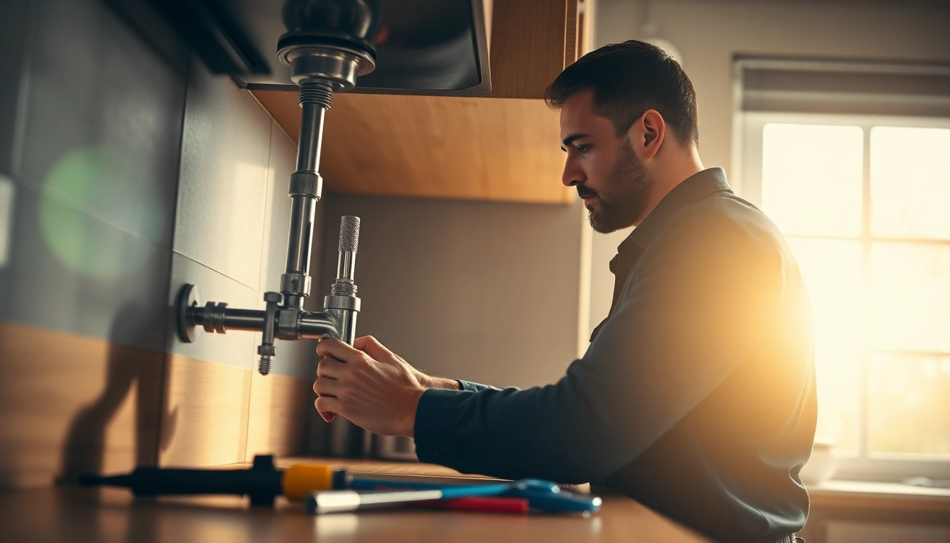Skilled plumber repairing pipes in a modern kitchen, showcasing his expertise and tools.