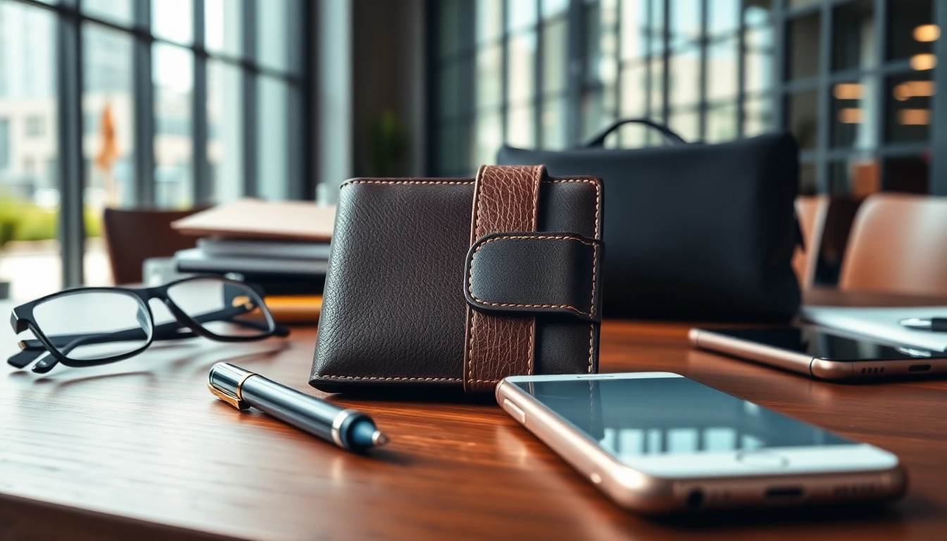 Elegante Handytasche Magnetverschluss mit einzigartigem Design auf einem Holztisch präsentiert.