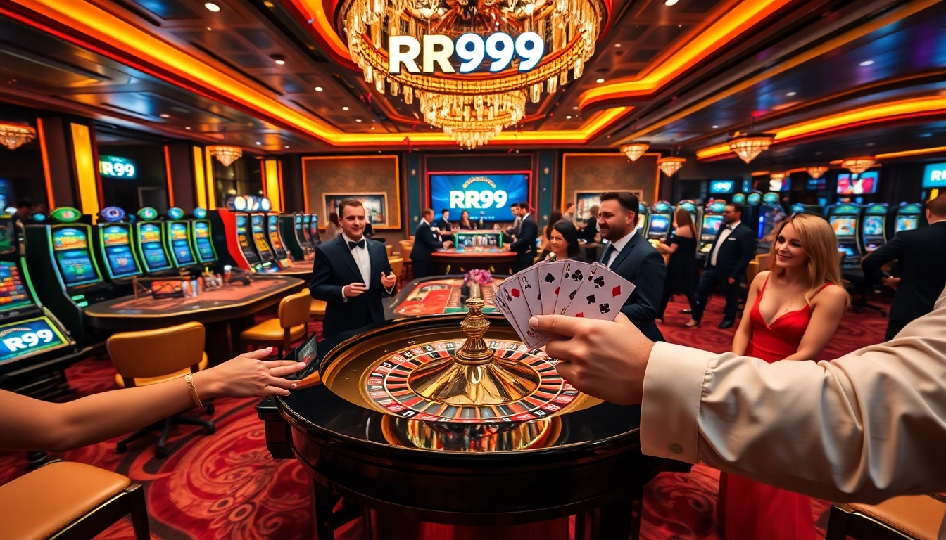 Experience luxurious casino excitement with RR99 as players cheer around the roulette table.