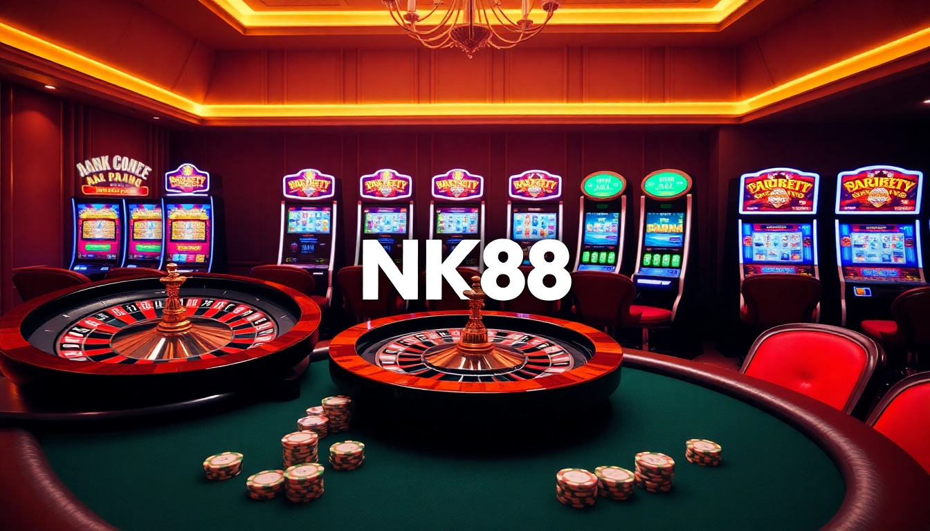 NK88's online gambling interface showcasing a vibrant casino scene with roulette and slot machines.