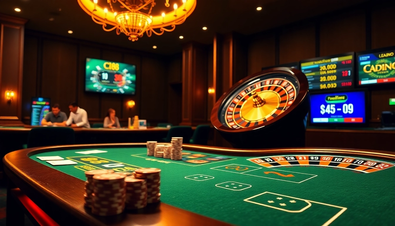 C168 online casino scene with poker chips, roulette wheel, and vibrant betting atmosphere.