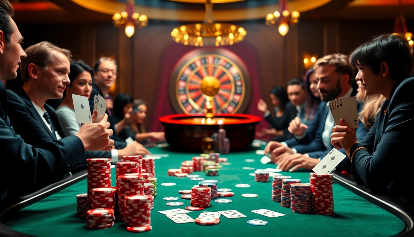 Excited players at a poker table in a luxurious casino setting showcasing xx88.directory.