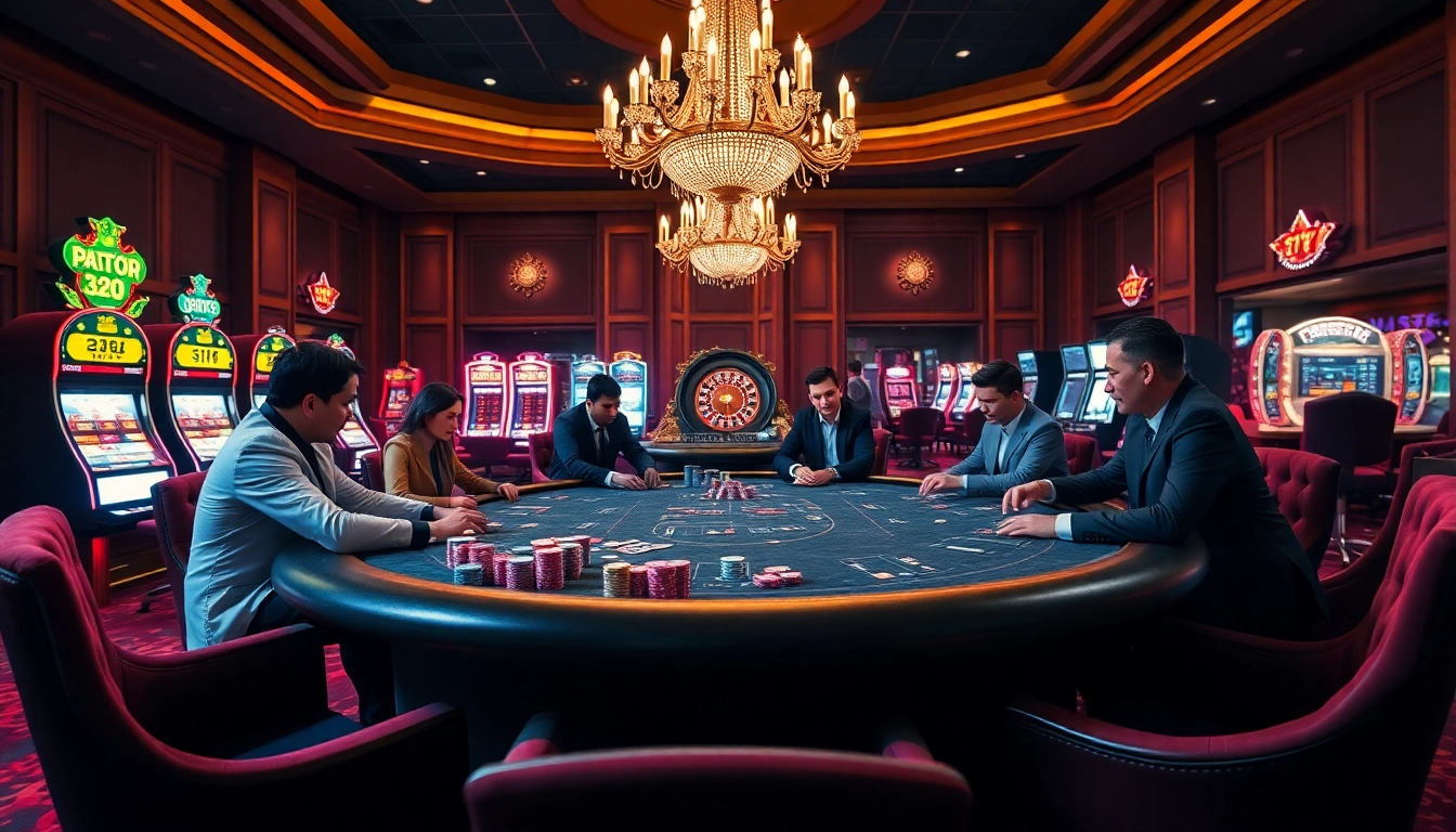 Professional gamblers playing poker at nhà cái bl555, showcasing luxury and excitement in a vibrant casino setting.