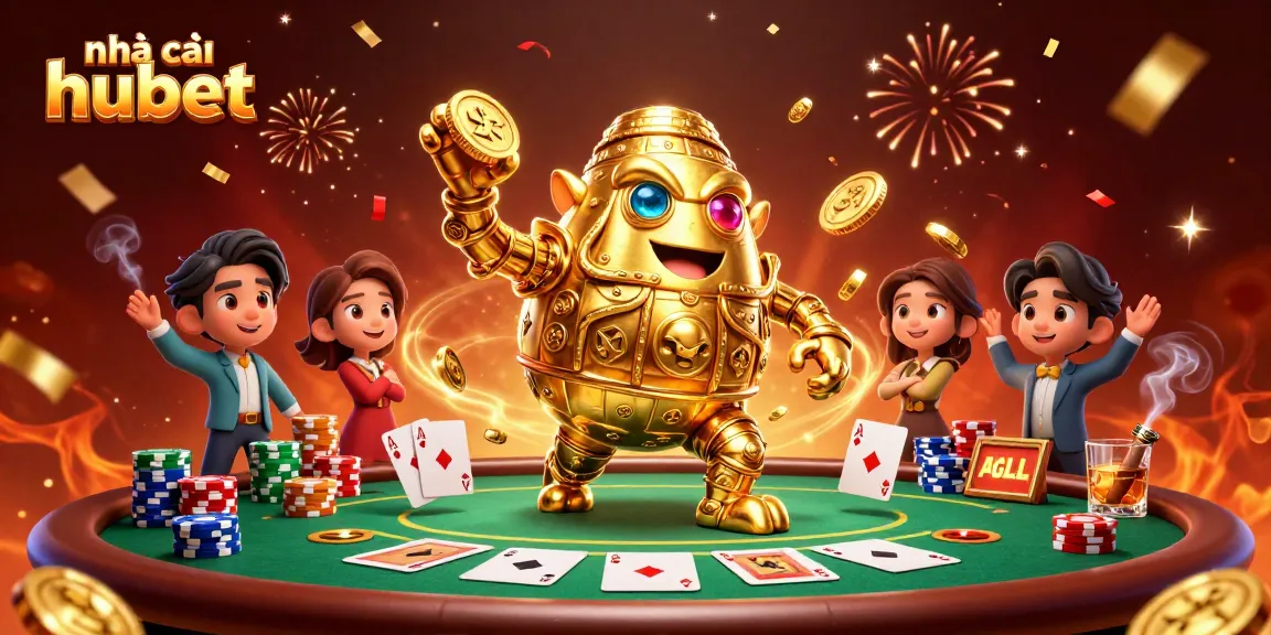 Engage with nhà cái hubet's golden gaming golem at a dynamic poker table, surrounded by colorful chips and cards.