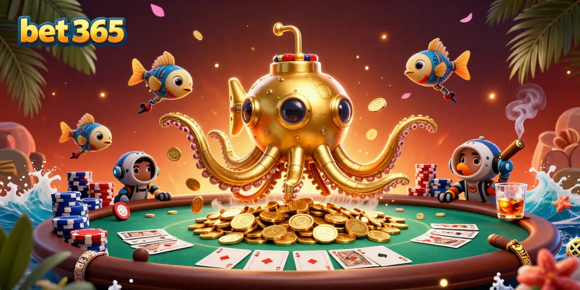 Engage in thrilling gameplay with bet 365 as the golden kraken emerges from a sea of coins, showcasing casino elements.