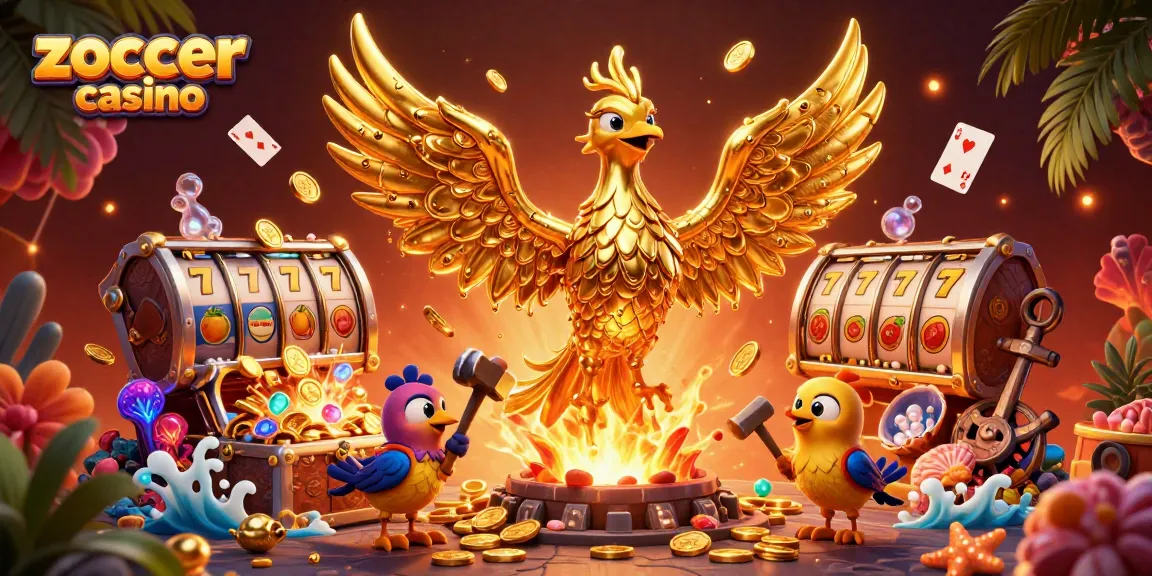Experience the excitement of zoccer casino with a vibrant, dynamic scene featuring a molten phoenix and gold elements.