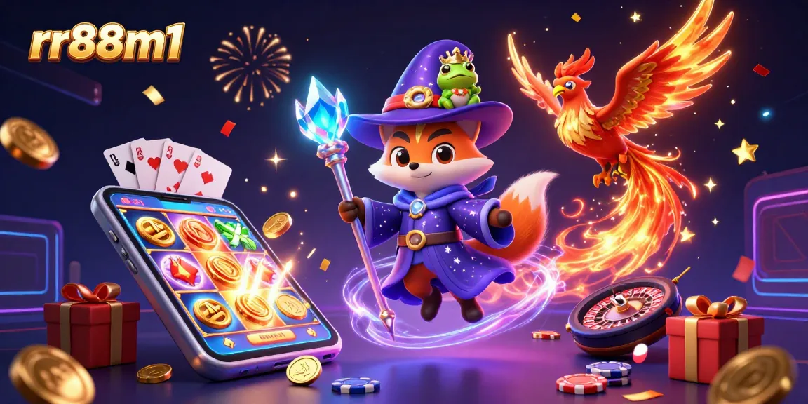 rr88m1 experience thrilling online gambling with a wizard fox and phoenix in a vibrant casino scene.