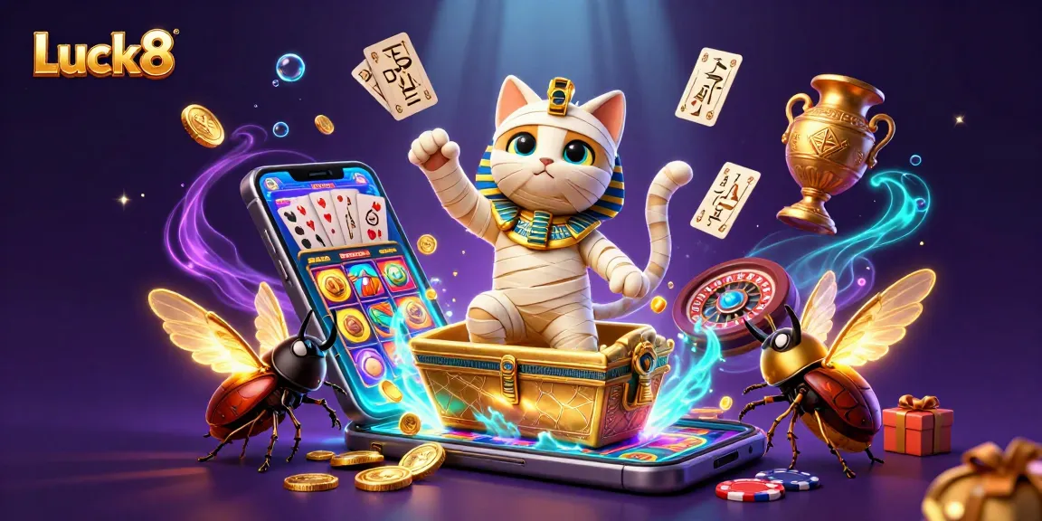 Luck8 shows a vibrant scene of fun casino excitement with a cartoon mummy cat and game elements.