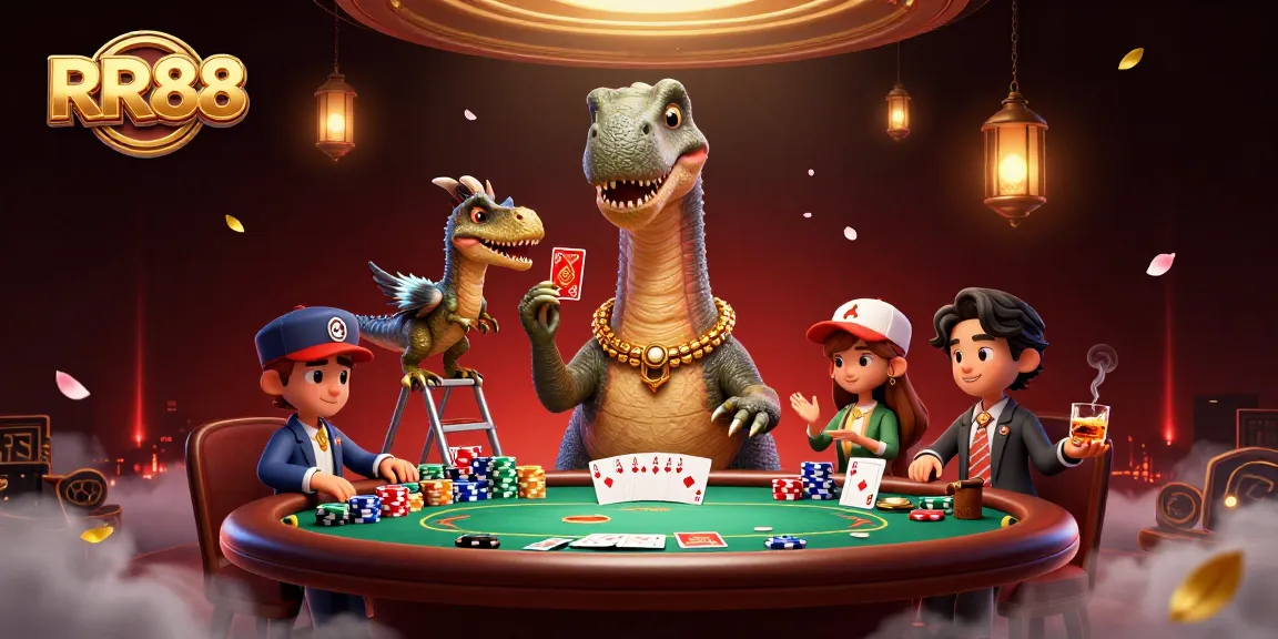 Experience RR88 gaming with a brontosaurus overseeing a vibrant poker table and a raptor dealer.