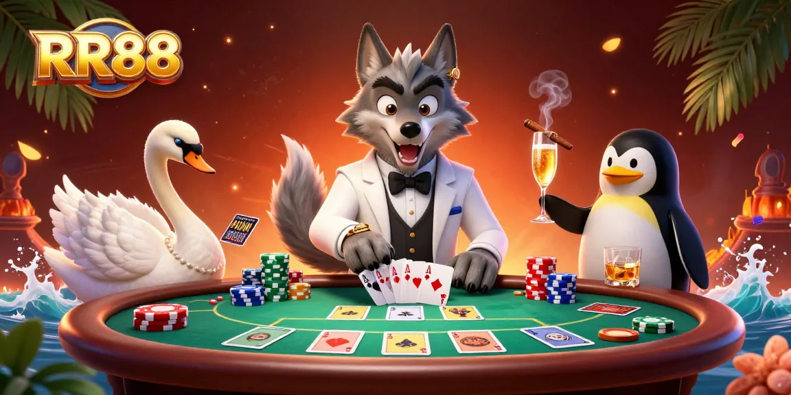 Experience the thrill of RR88 as the debonair wolf and elegant companions deal cards and unveil poker strategies.
