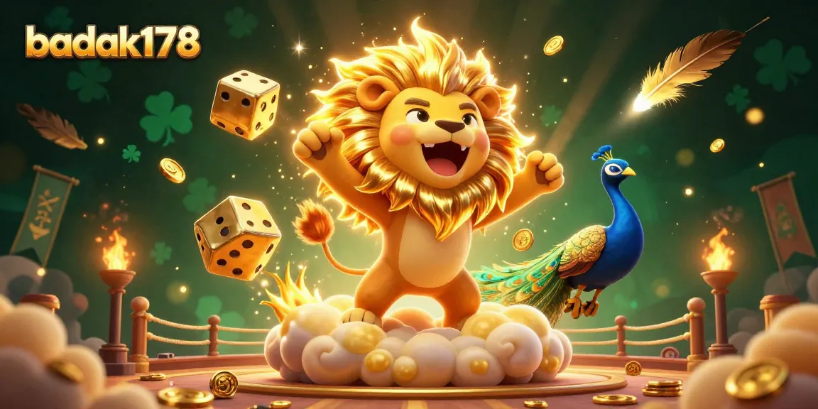 Experience the excitement at badak178 with a vibrant 3D casino illustration featuring a roaring lion and dynamic game elements.