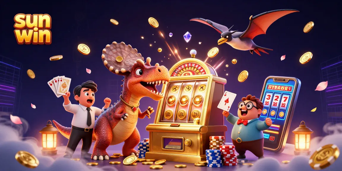 sun win immersive illustration showcasing a pachycephalosaurus at a jackpot slot machine, golden coins cascading around