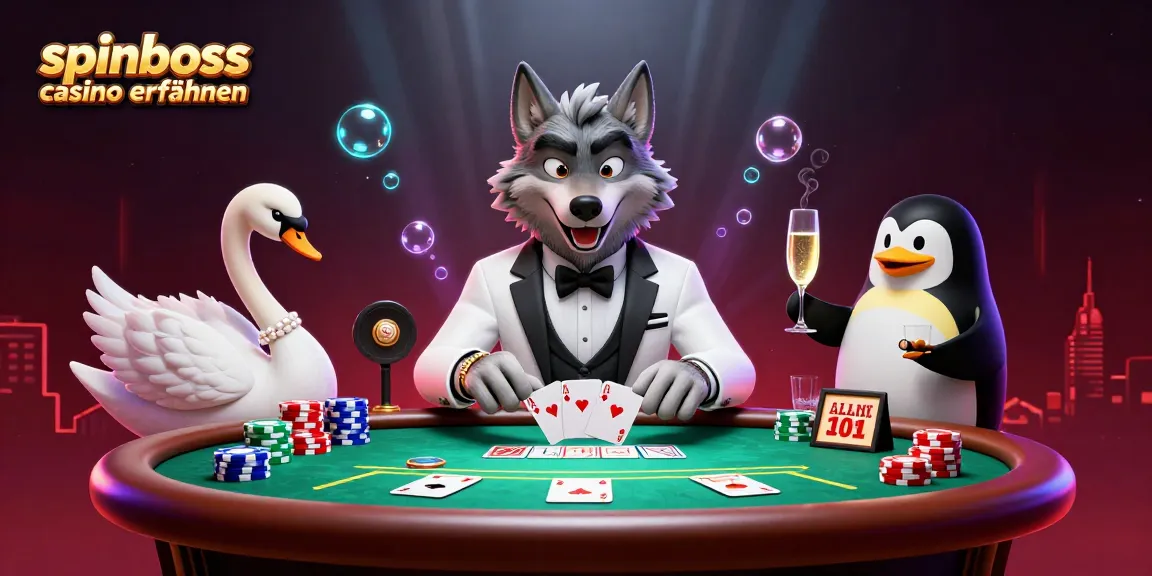 Spinboss Casino Erfahrungen: 3D Illustration mit Wolf, Schwan und Pinguin beim Kartenspiel