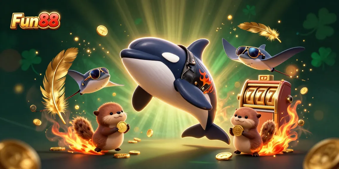 Experience the excitement of Fun88 with a thrilling 3D casino scene featuring lucky characters.