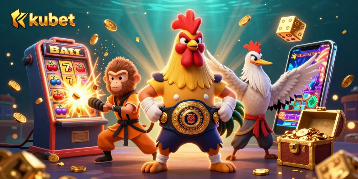 Engage in thrilling casino action with kubet featuring characters surrounded by vibrant slot machines and animated prizes.