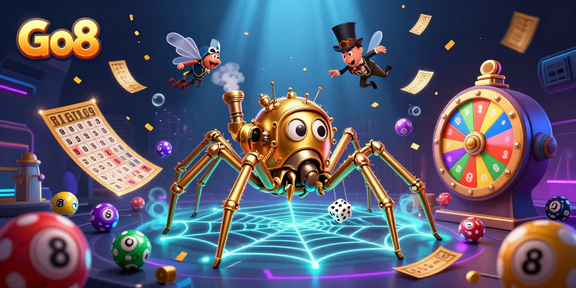 Engage with Go8's dynamic gaming experience featuring a steampunk spider capturing dice, set against an animated casino backdrop.